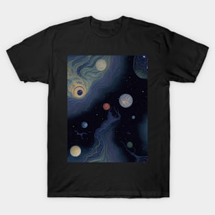 Japanese Nihonga Painting Planets Stars and Galaxies T-Shirt